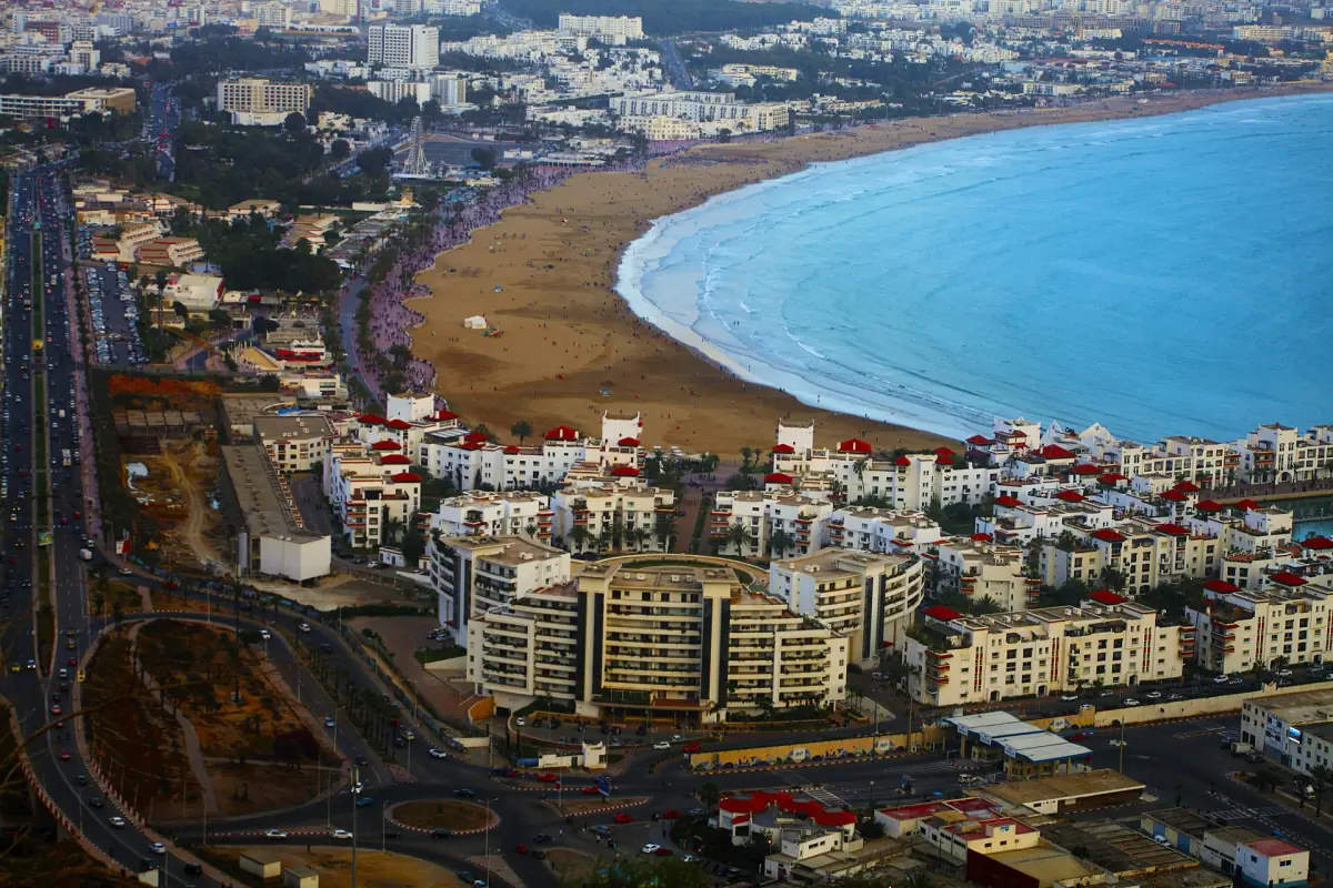 The curved beach and bay of Agadir from above